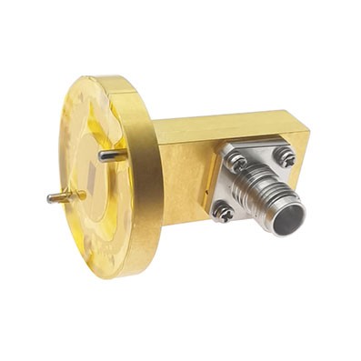 WR19 to 1.85mm Female Waveguide to Coax Adapter, 39.2-59.6 GHz, Right Angle, UG-383/U Mod Flange