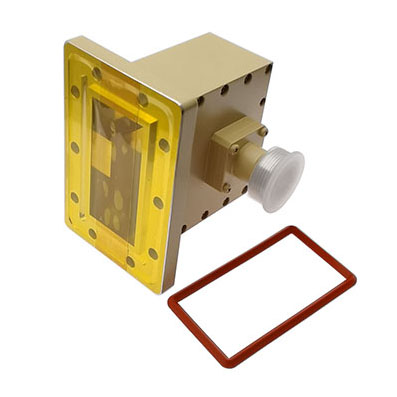 WR284 to 7/16 DIN Female Waveguide to Coax Adapter, 2.6-3.95 GHz, Right Angle, PDR32 Flange
