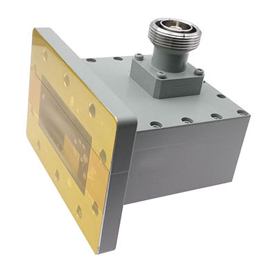 WR284 to 7/16 DIN Female Waveguide to Coax Adapter, 2.6-3.95 GHz, Right Angle, UDR32 Flange